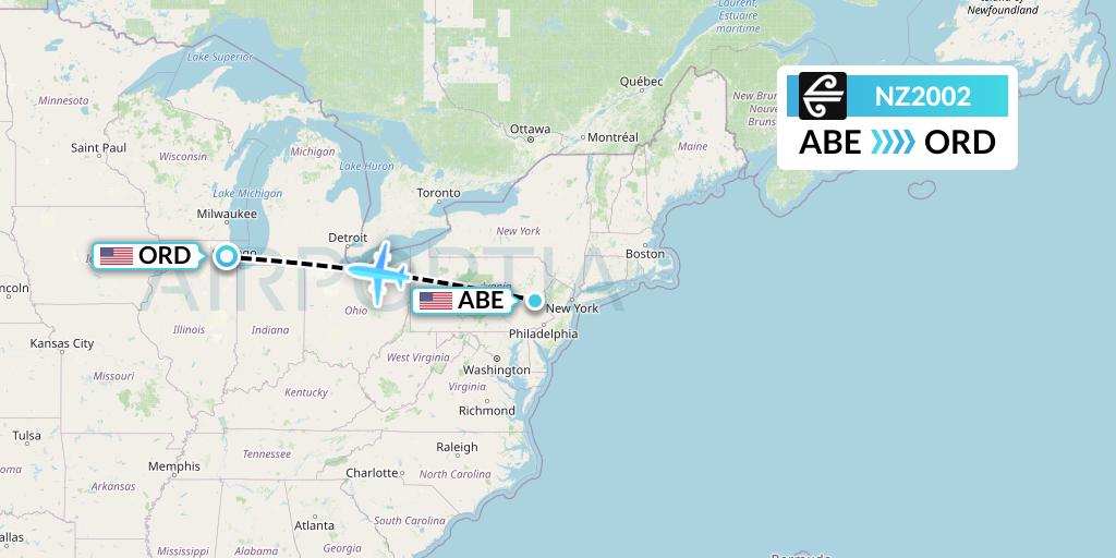 NZ2002 Air New Zealand Flight Map: Allentown to Chicago