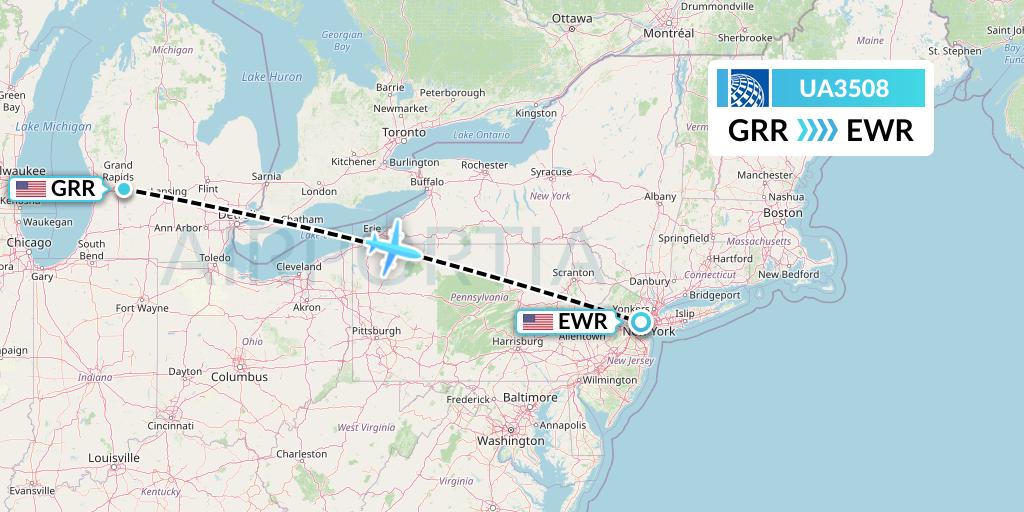 UA3508 United Airlines Flight Map: Grand Rapids to New York