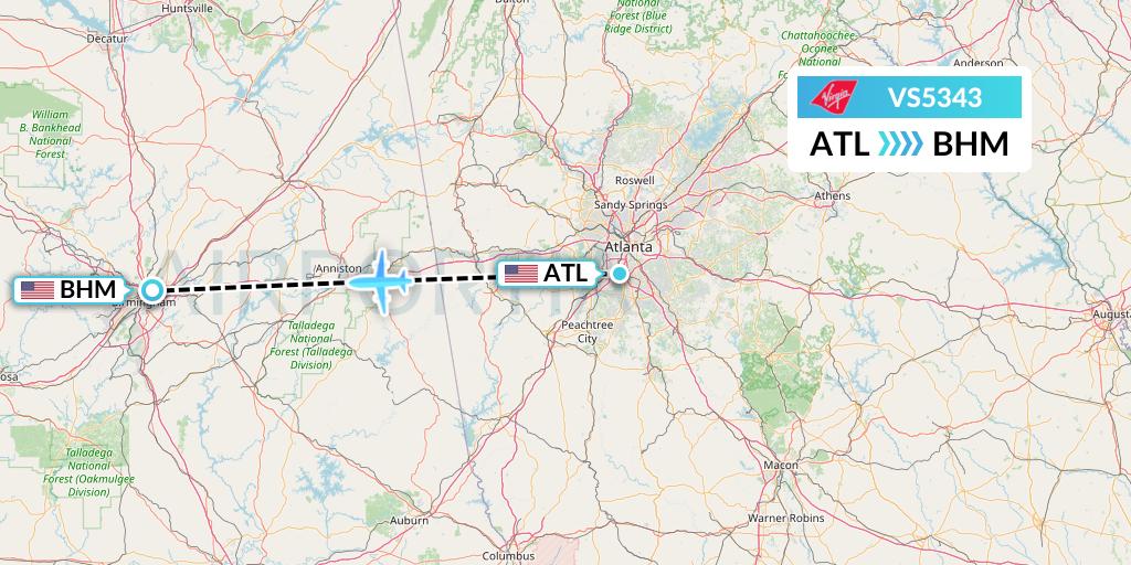 VS5343 Virgin Atlantic Airways Flight Map: Atlanta to Birmingham