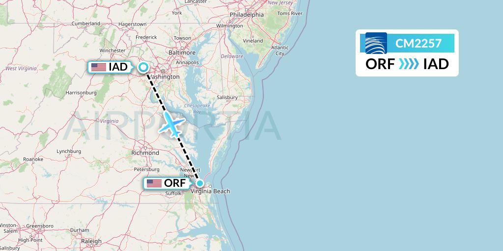 CM2257 Copa Airlines Flight Map: Norfolk to Washington