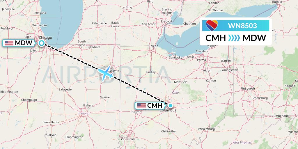 WN8503 Southwest Airlines Flight Map: Columbus to Chicago