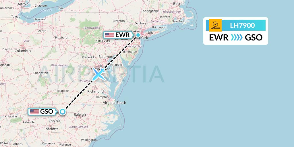 LH7900 Lufthansa Flight Map: New York to Greensboro