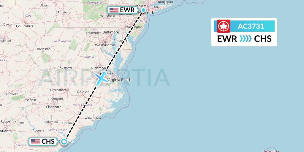 AC3731 Air Canada Flight Map: New York to Charleston