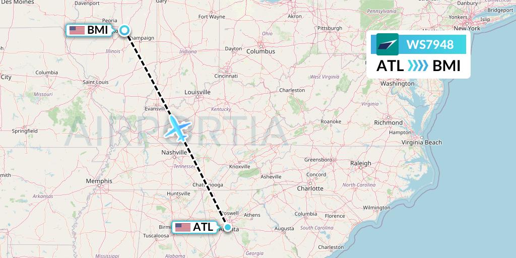 WS7948 WestJet Flight Map: Atlanta to Bloomington
