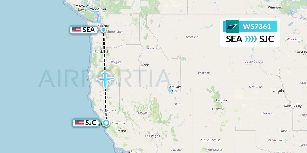 WS7361 WestJet Flight Map: Seattle to San Jose