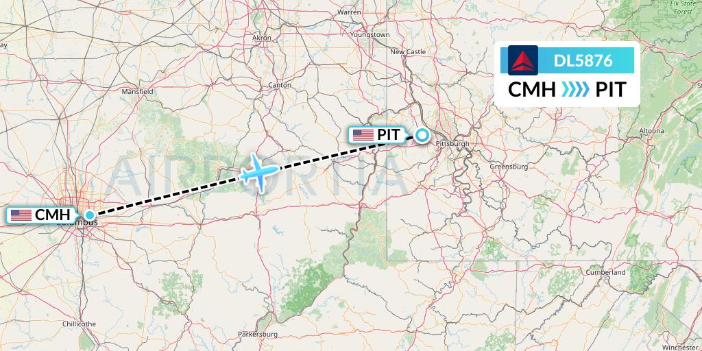 DL5876 Delta Air Lines Flight Map: Columbus to Pittsburgh