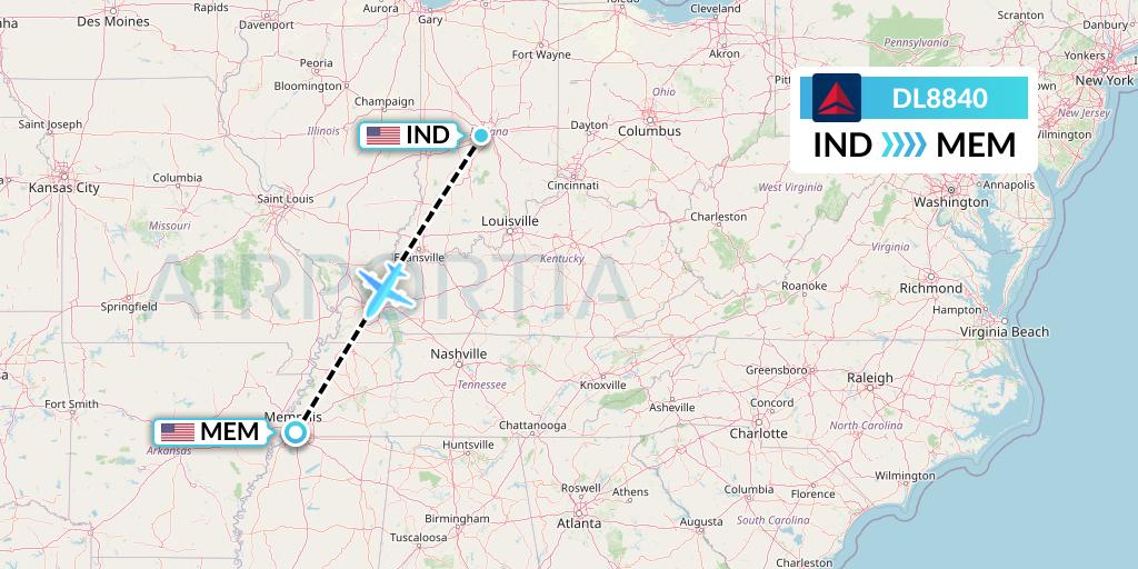 DL8840 Delta Air Lines Flight Map: Indianapolis to Memphis