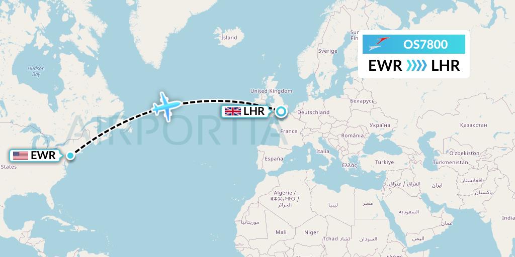 OS7800 Austrian Airlines Flight Map: New York to London