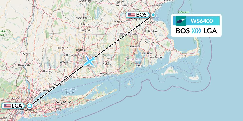 WS6400 WestJet Flight Map: Boston to New York
