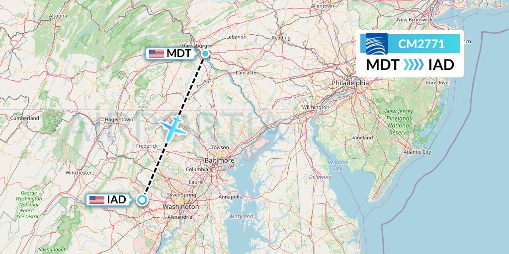 CM2771 Copa Airlines Flight Map: Harrisburg to Washington