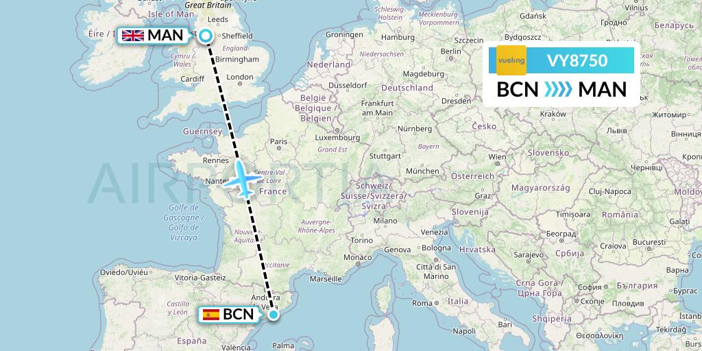 VY8750 Vueling Flight Map: Barcelona to Manchester