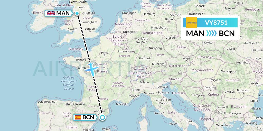 VY8751 Vueling Flight Map: Manchester to Barcelona