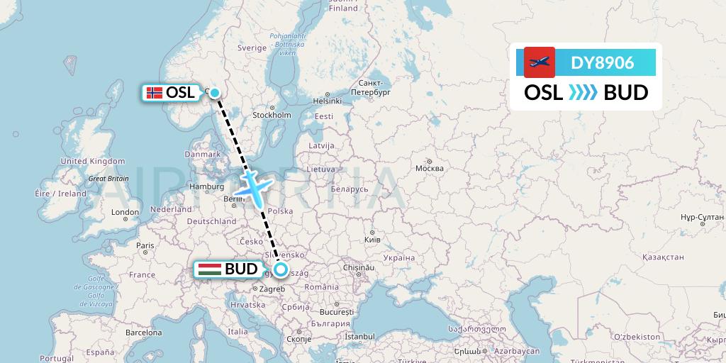 DY8906 Norwegian Flight Map: Oslo to Budapest