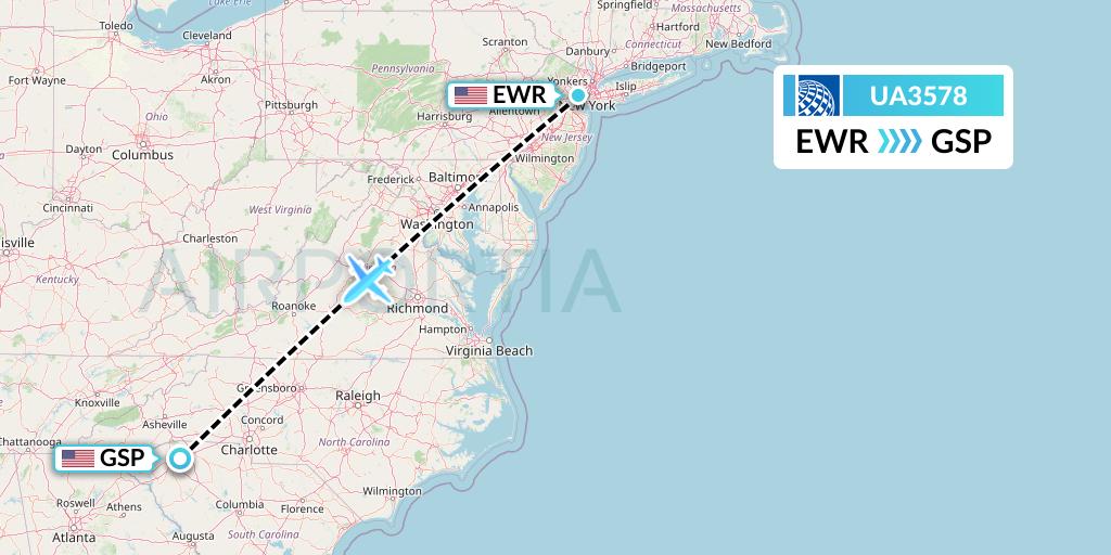 UA3578 United Airlines Flight Map: New York to Greenville-Spartanburg