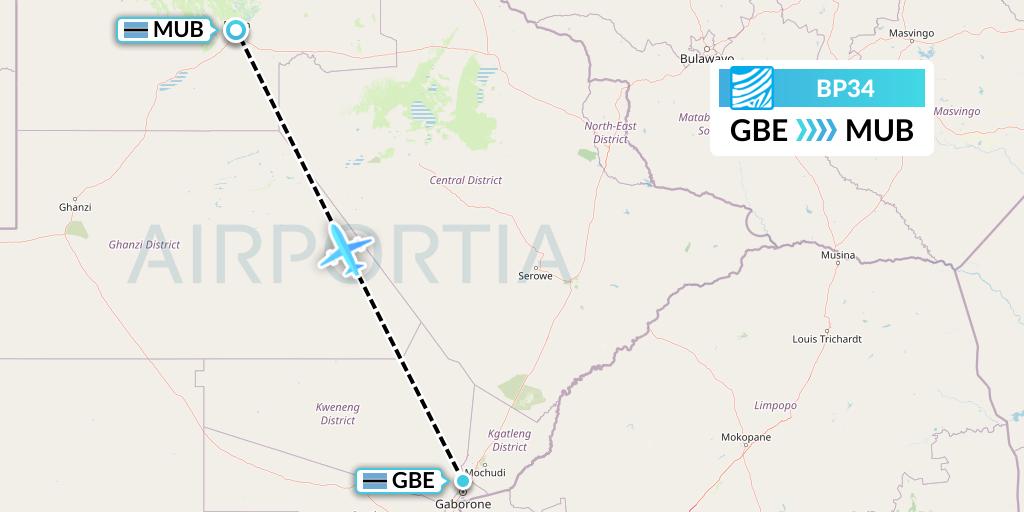 BP34 Air Botswana Flight Map: Gaborone to Maun
