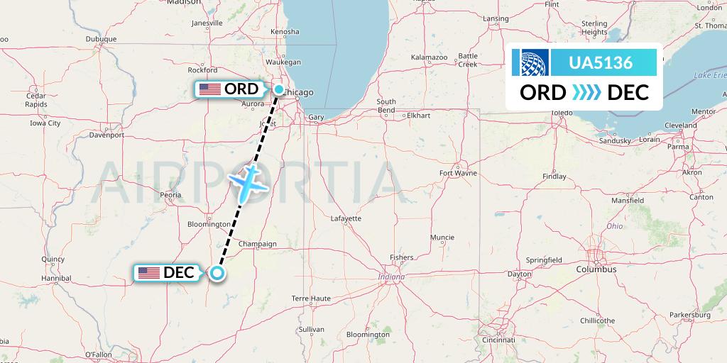 UA5136 United Airlines Flight Map: Chicago to Decatur