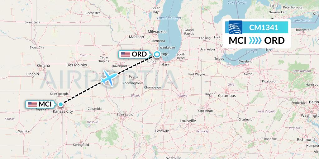 CM1341 Copa Airlines Flight Map: Kansas City to Chicago
