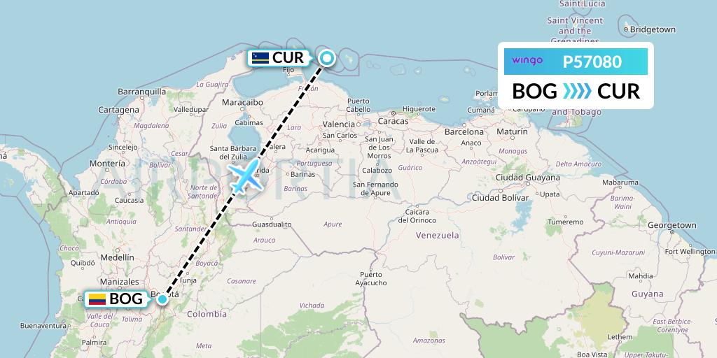 P57080 Copa Airlines Colombia Flight Map: Bogota to Willemstad