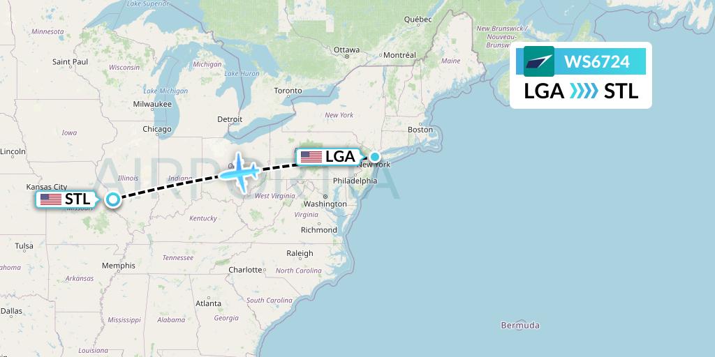 WS6724 WestJet Flight Map: New York to St. Louis