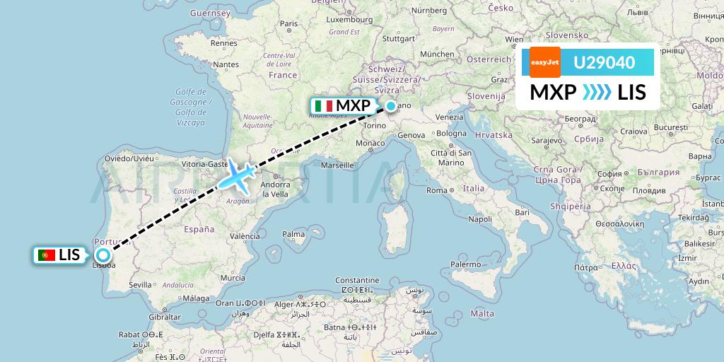 U29040 EasyJet Flight Map: Milan to Lisbon