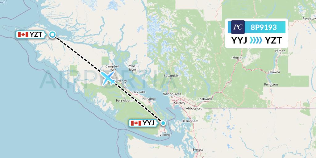 8P9193 Pacific Coastal Airlines Flight Map: Victoria to Port Hardy