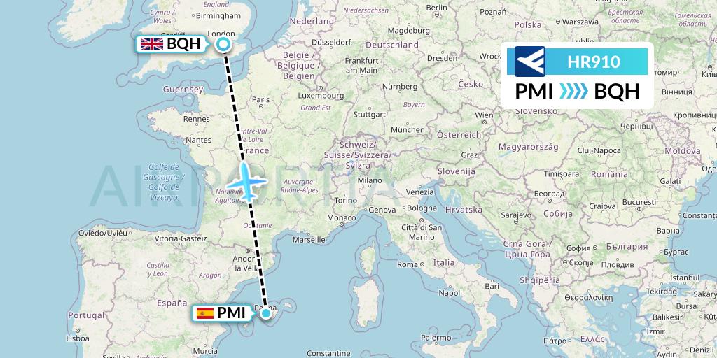 HR910 Hahn Air Flight Map: Palma de Mallorca to London
