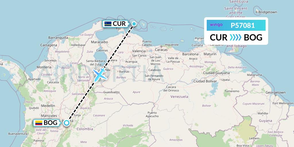 P57081 Copa Airlines Colombia Flight Map: Willemstad to Bogota