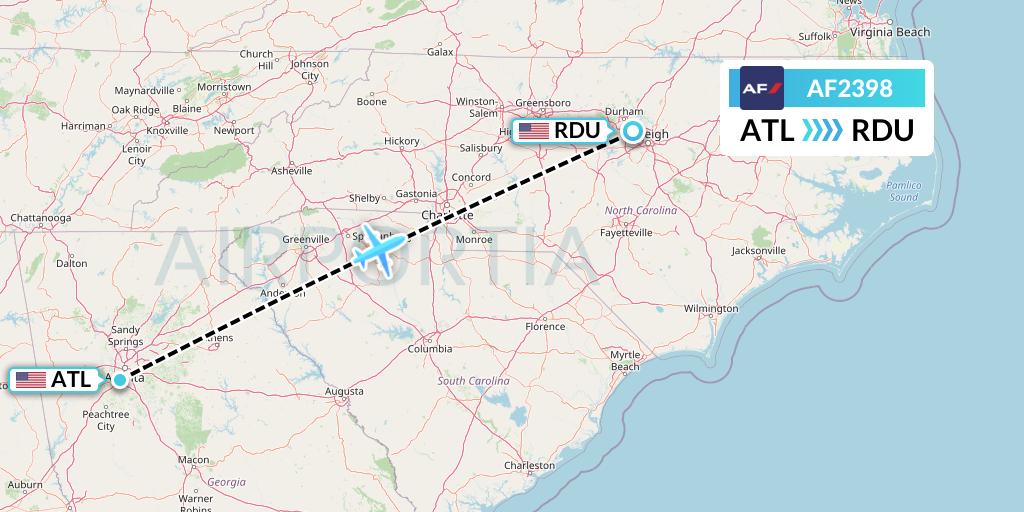 AF2398 Air France Flight Map: Atlanta to Raleigh-Durham