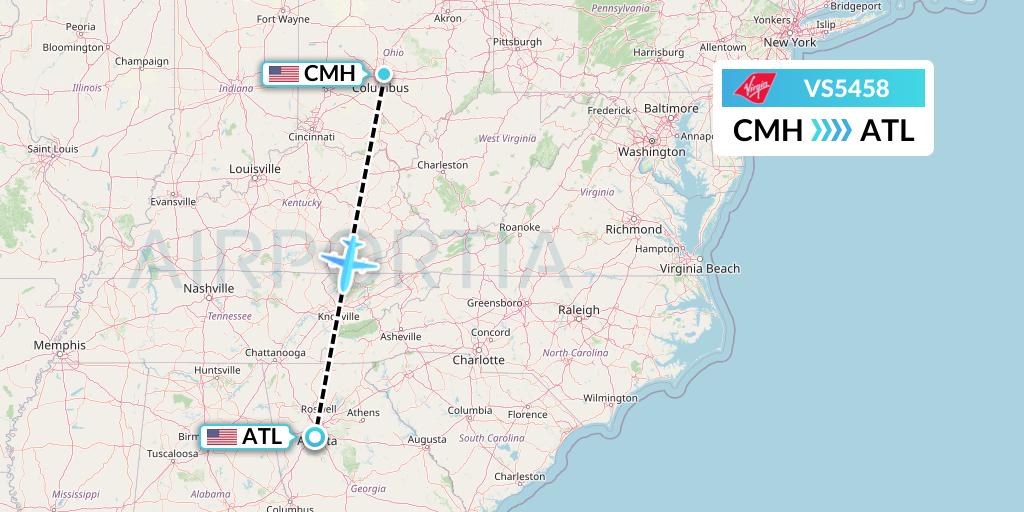 VS5458 Virgin Atlantic Airways Flight Map: Columbus to Atlanta