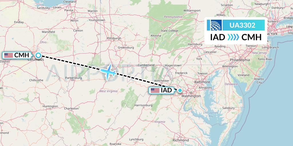 UA3302 United Airlines Flight Map: Washington to Columbus