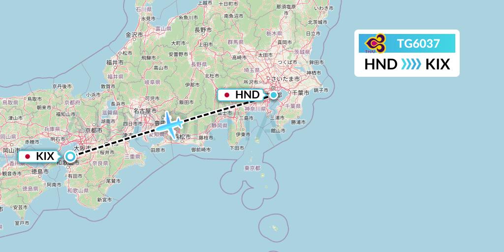 TG6037 Thai Airways Flight Map: Tokyo to Osaka