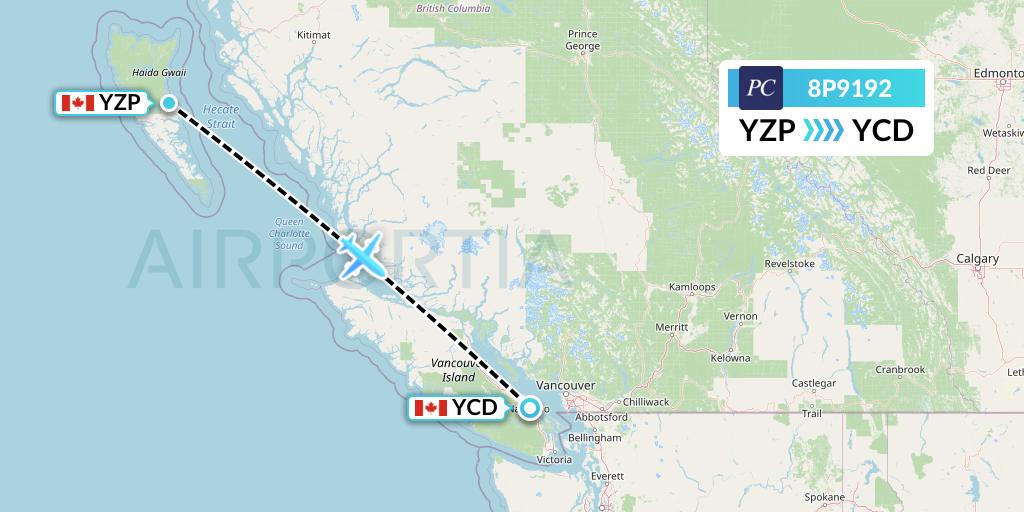 8P9192 Pacific Coastal Airlines Flight Map: Sandspit to Nanaimo