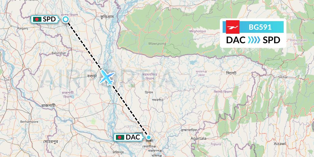 BG591 Biman Bangladesh Airlines Flight Map: Dhaka to Saidpur