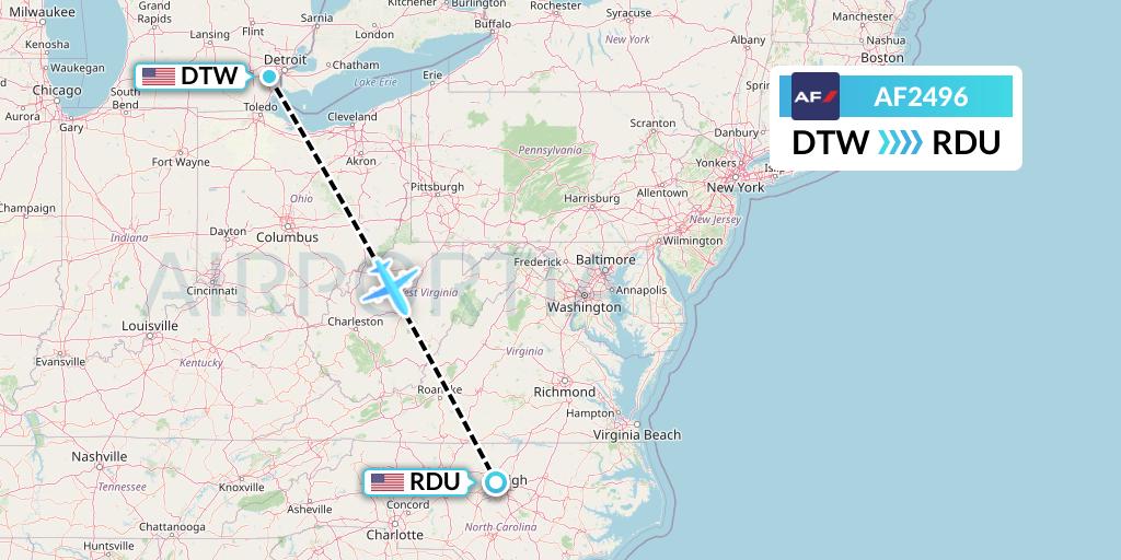 AF2496 Air France Flight Map: Detroit to Raleigh-Durham