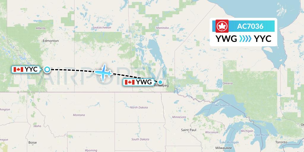 AC7036 Air Canada Flight Map: Winnipeg to Calgary