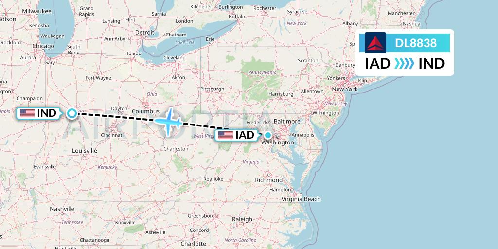 DL8838 Delta Air Lines Flight Map: Washington to Indianapolis