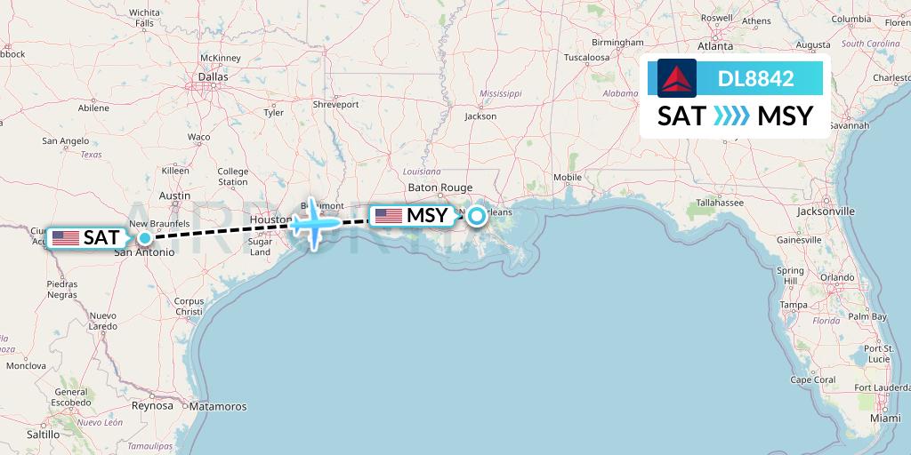 DL8842 Delta Air Lines Flight Map: San Antonio to New Orleans