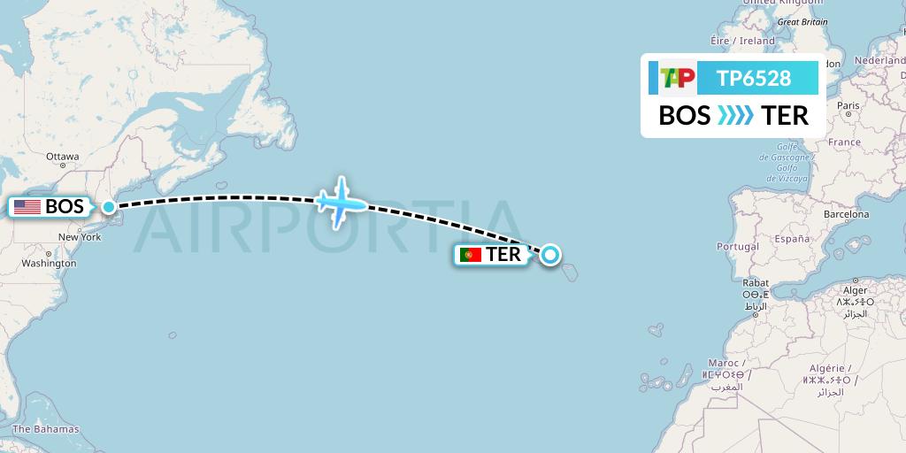 TP6528 TAP Portugal Flight Map: Boston to Lajes