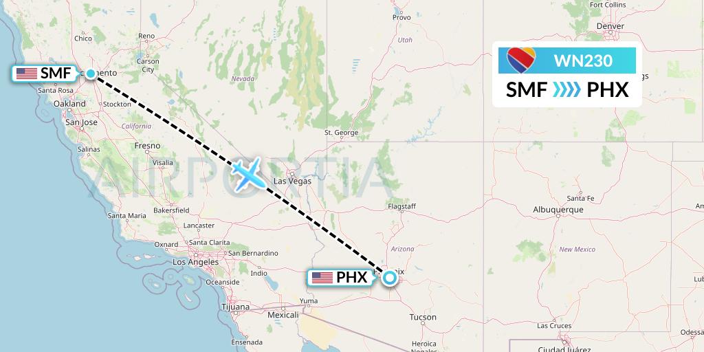 WN230 Southwest Airlines Flight Map: Sacramento to Phoenix