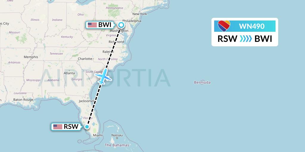 WN490 Southwest Airlines Flight Map: Fort Myers to Baltimore