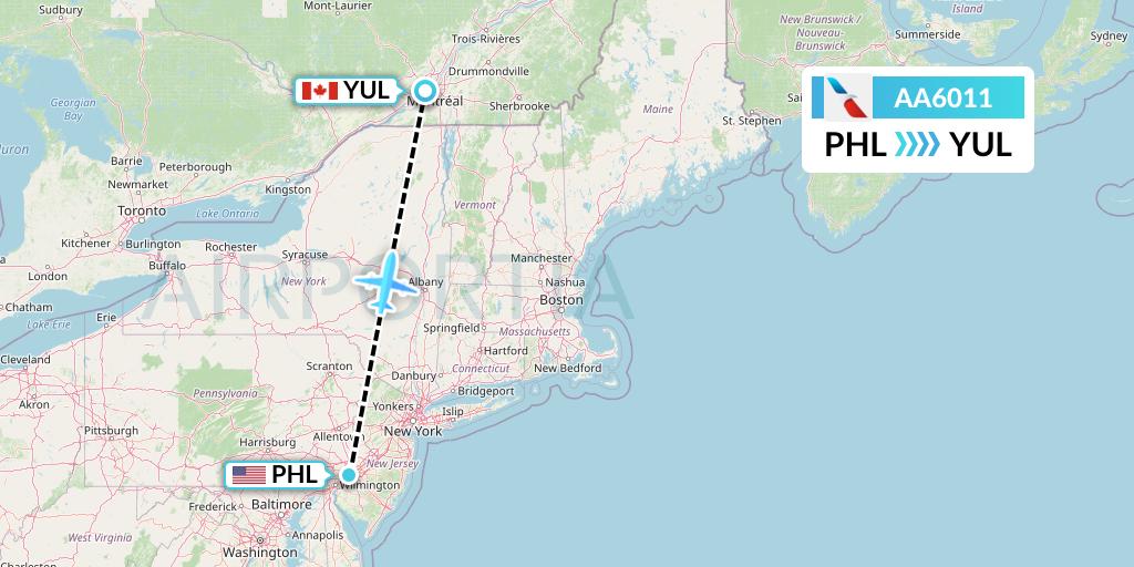 AA6011 American Airlines Flight Map: Philadelphia to Montreal