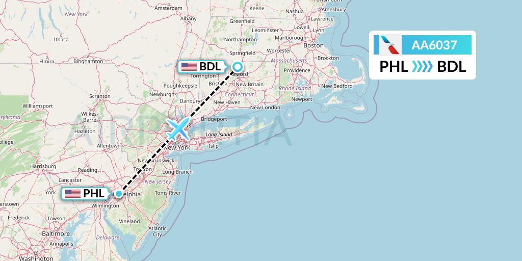 AA6037 American Airlines Flight Map: Philadelphia to Windsor Locks