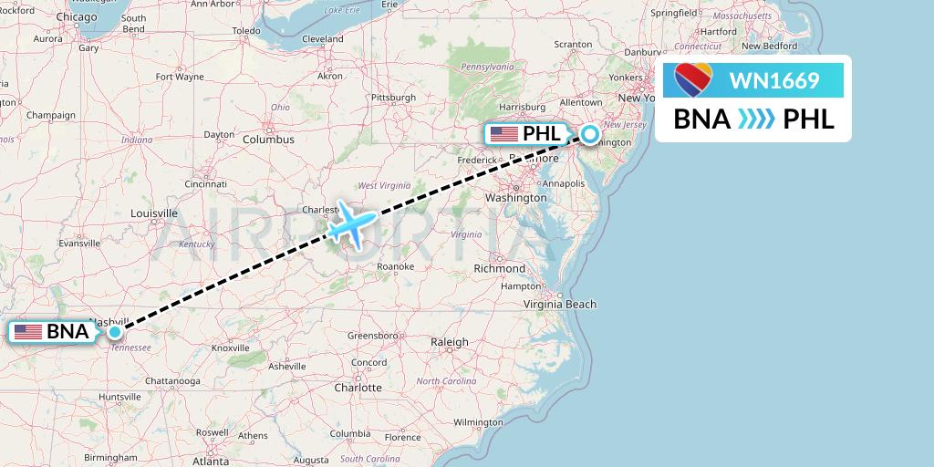 WN1669 Southwest Airlines Flight Map: Nashville to Philadelphia