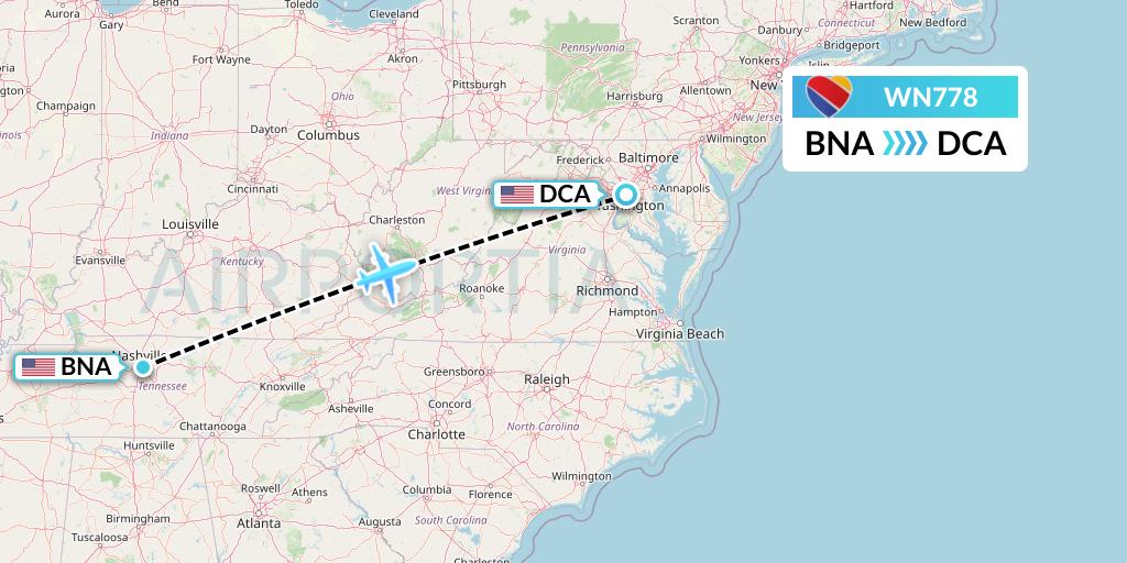 WN778 Southwest Airlines Flight Map: Nashville to Washington