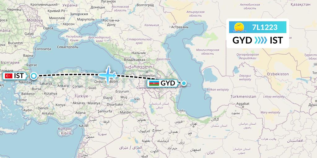 7L1223 Silk Way West Airlines Flight Map: Baku to Istanbul