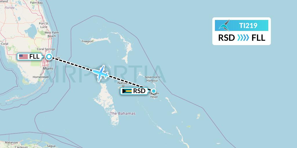 TI219 Tailwind Airlines Flight Map: Rock Sound to Fort Lauderdale