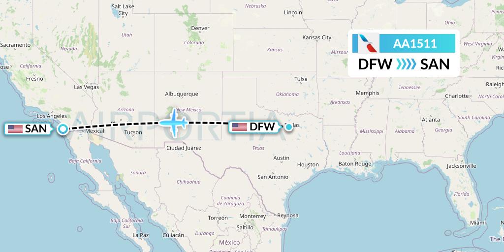 AA1511 American Airlines Flight Map: Dallas to San Diego