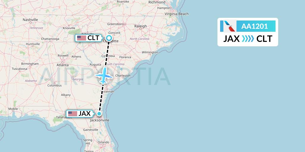 AA1201 American Airlines Flight Map: Jacksonville to Charlotte