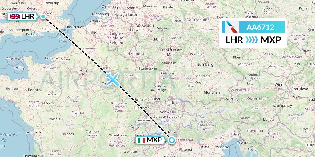 AA6712 American Airlines Flight Map: London to Milan