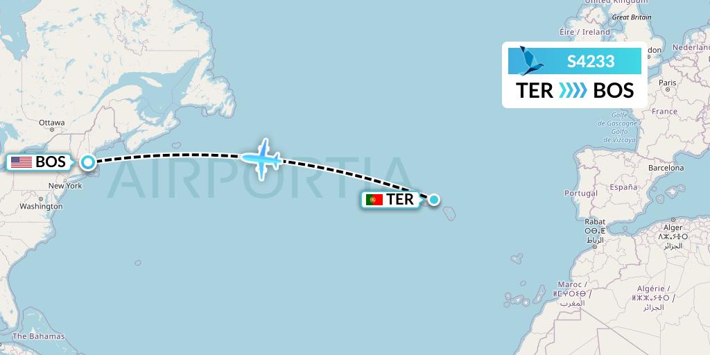 S4233 Azores Airlines Flight Map: Lajes to Boston